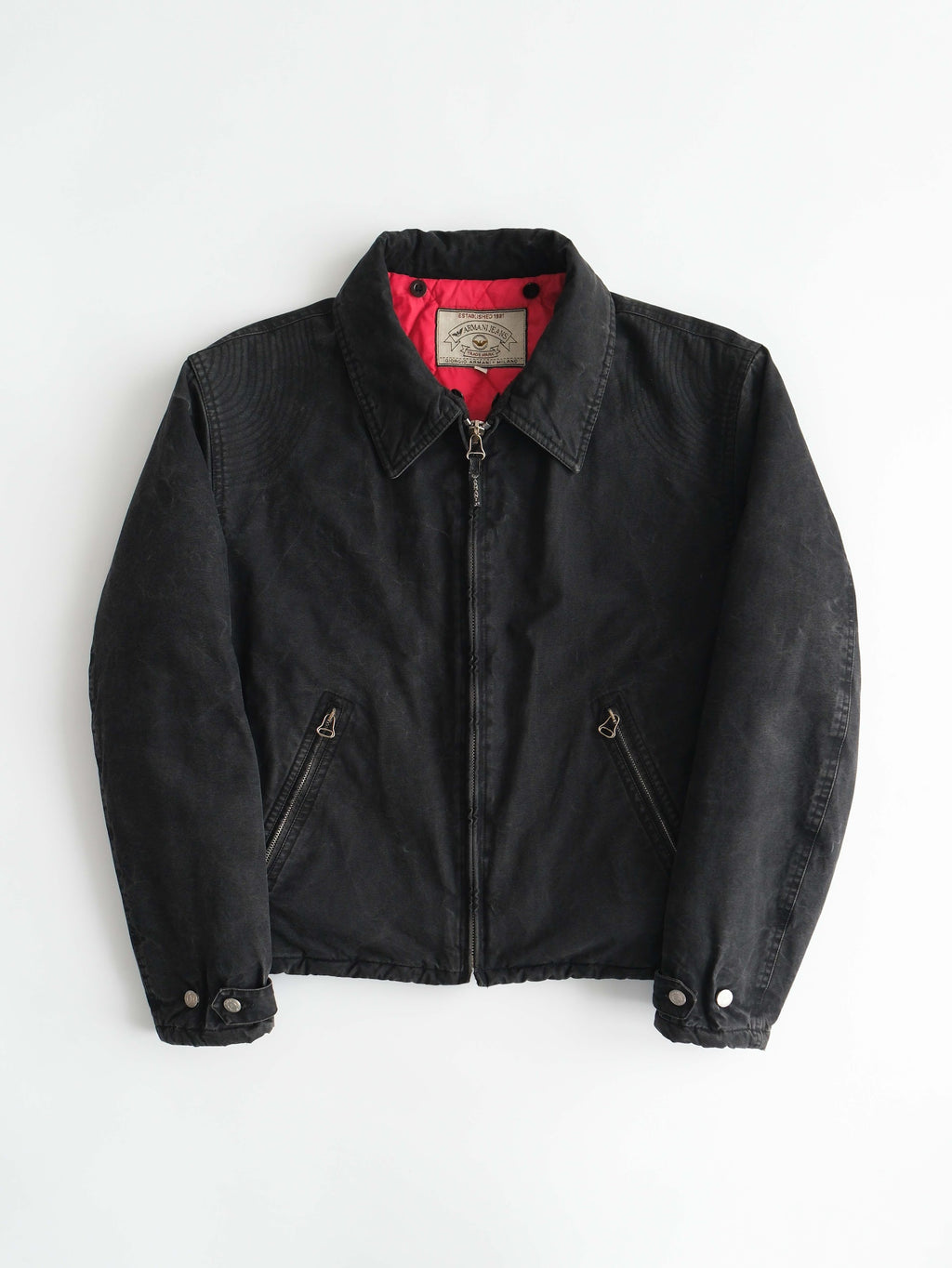 1990s ARMANI BLACK JEANS WAXED COTTON MOTO - QUILTED LINING JACKET