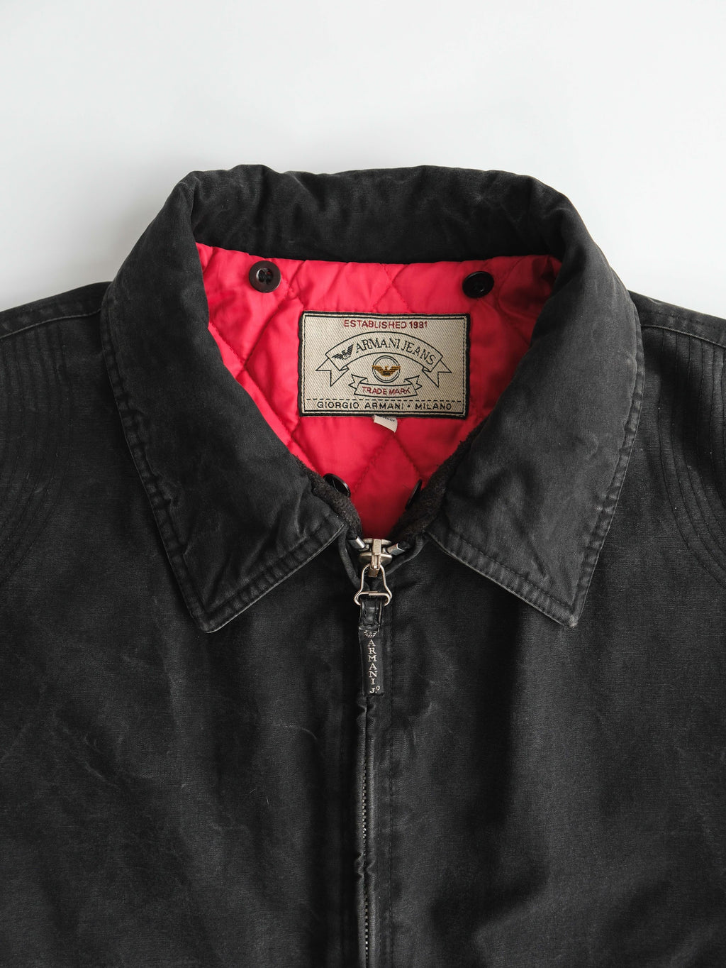 1990s ARMANI BLACK JEANS WAXED COTTON MOTO - QUILTED LINING JACKET