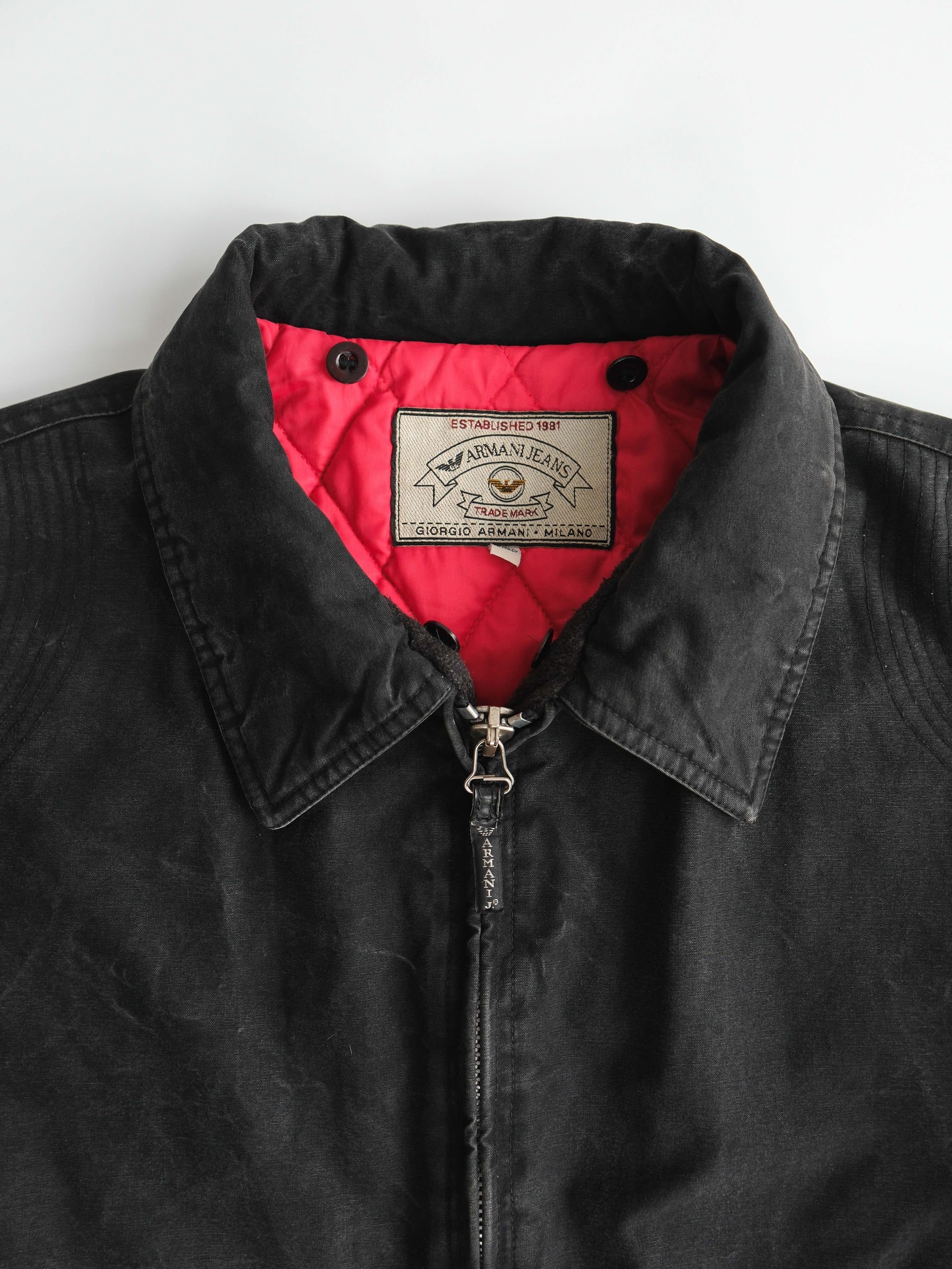 1990s ARMANI BLACK JEANS WAXED COTTON MOTO - QUILTED LINING JACKET