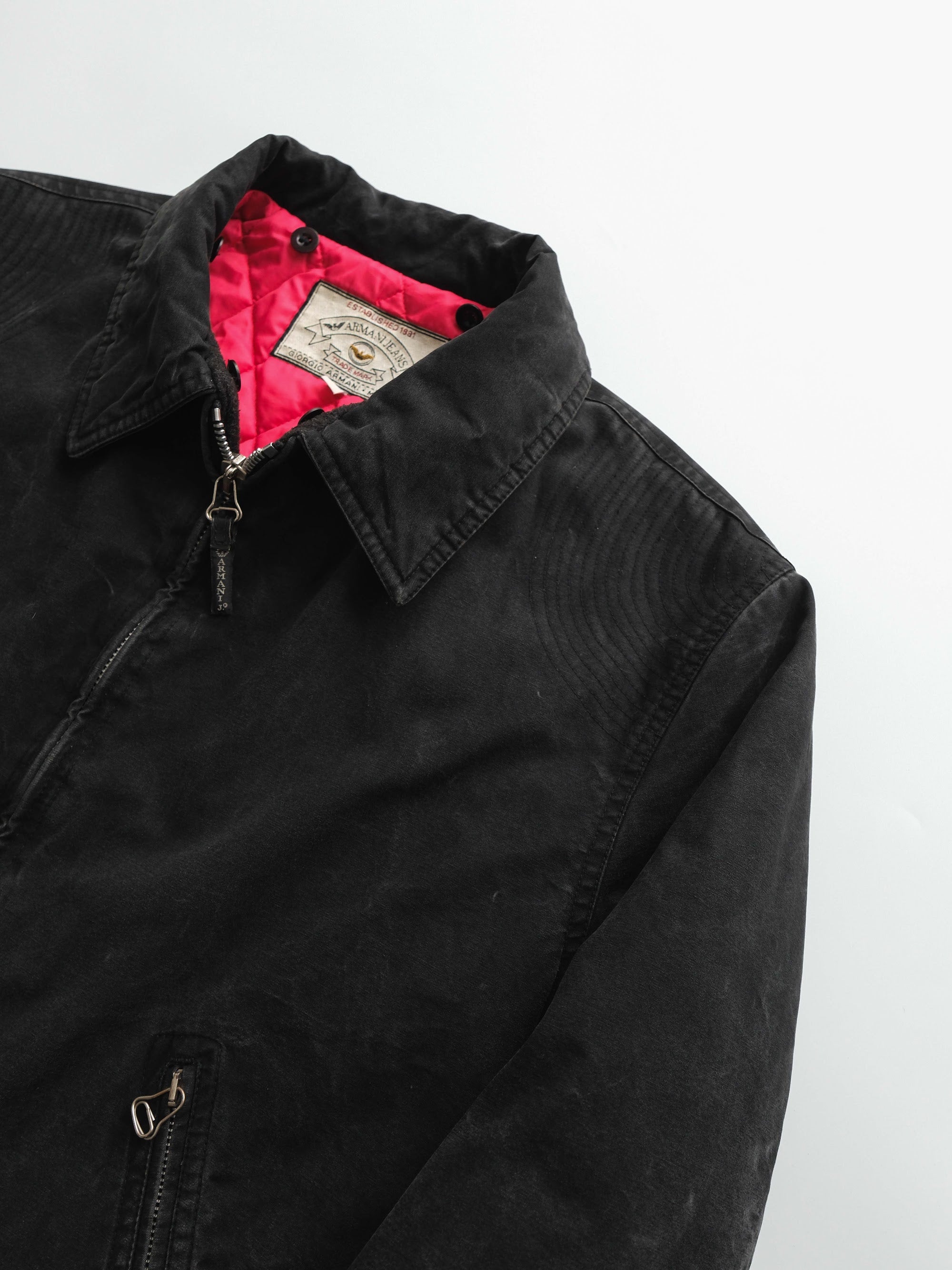 1990s ARMANI BLACK JEANS WAXED COTTON MOTO - QUILTED LINING JACKET