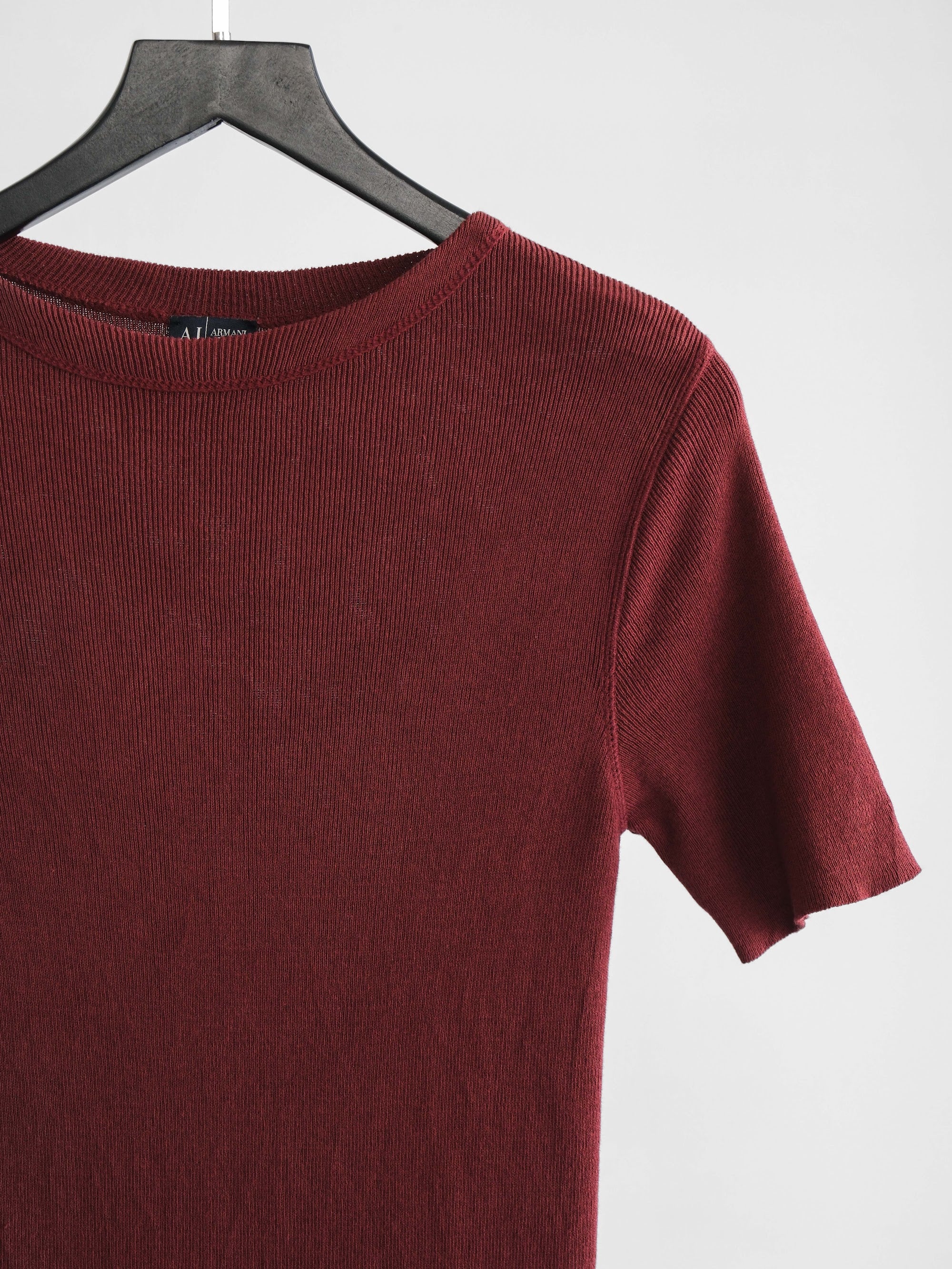 1990s ARMANI CROCHET / KNIT BURGUNDY JEANS T-SHIRT