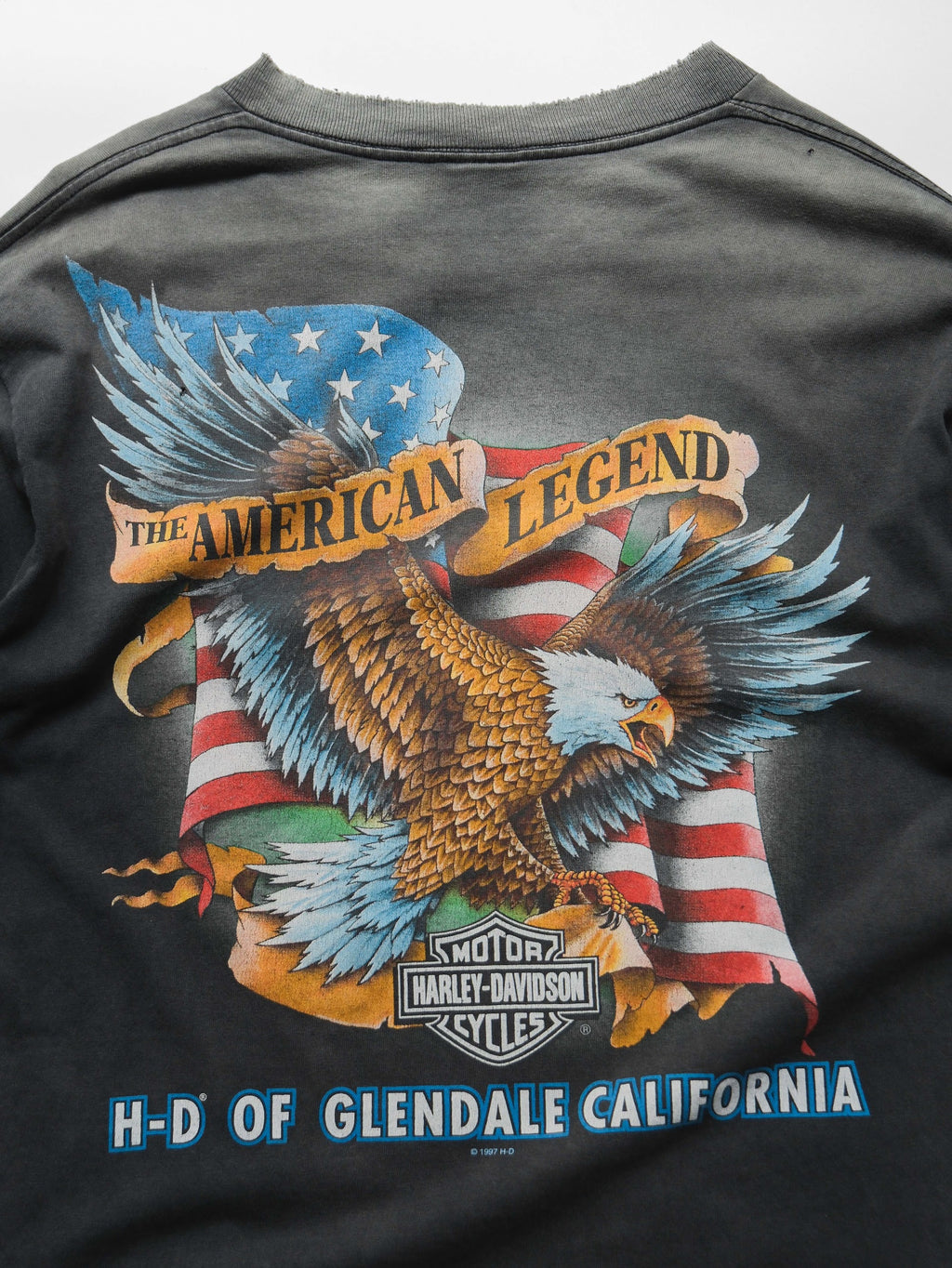 1990s HARLEY DAVIDSON BLACK FADED BAR & SHIELD T-SHIRT