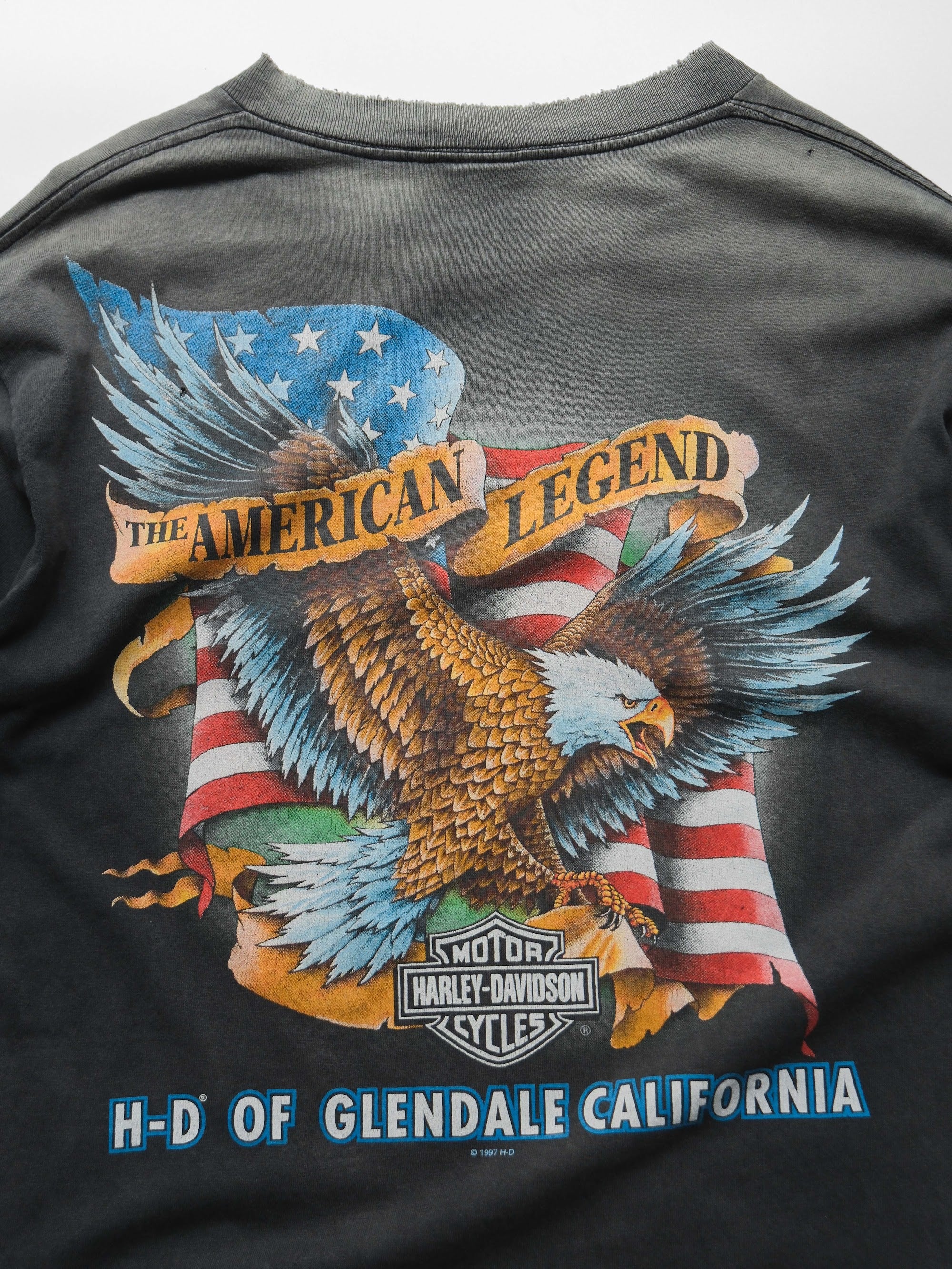 1990s HARLEY DAVIDSON BLACK FADED BAR & SHIELD T-SHIRT