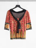 1990s VIVIENNE TAM FLORAL RED PLEATS CHEST SS SHIRT
