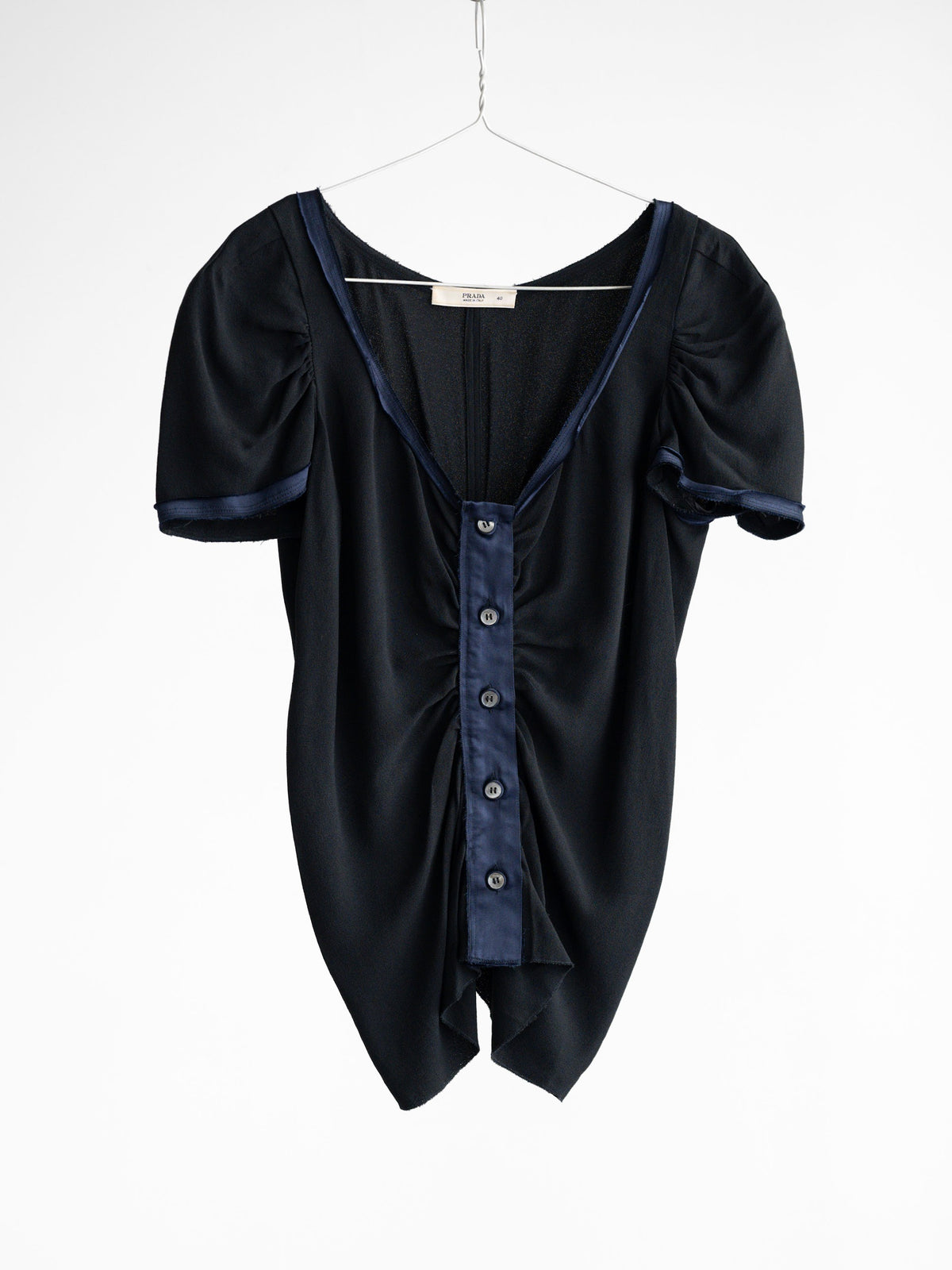 2001 PRADA BLACK SILK RUFFLE SS SHIRT
