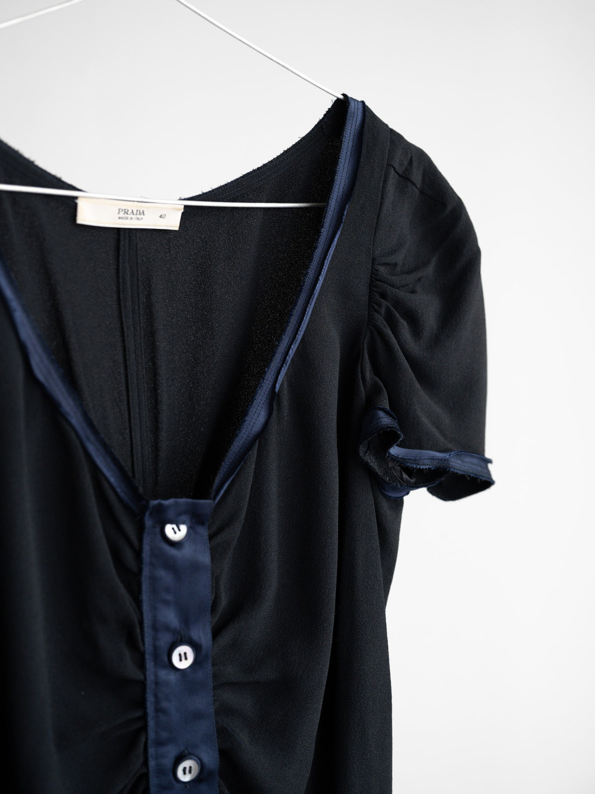 2001 PRADA BLACK SILK RUFFLE SS SHIRT