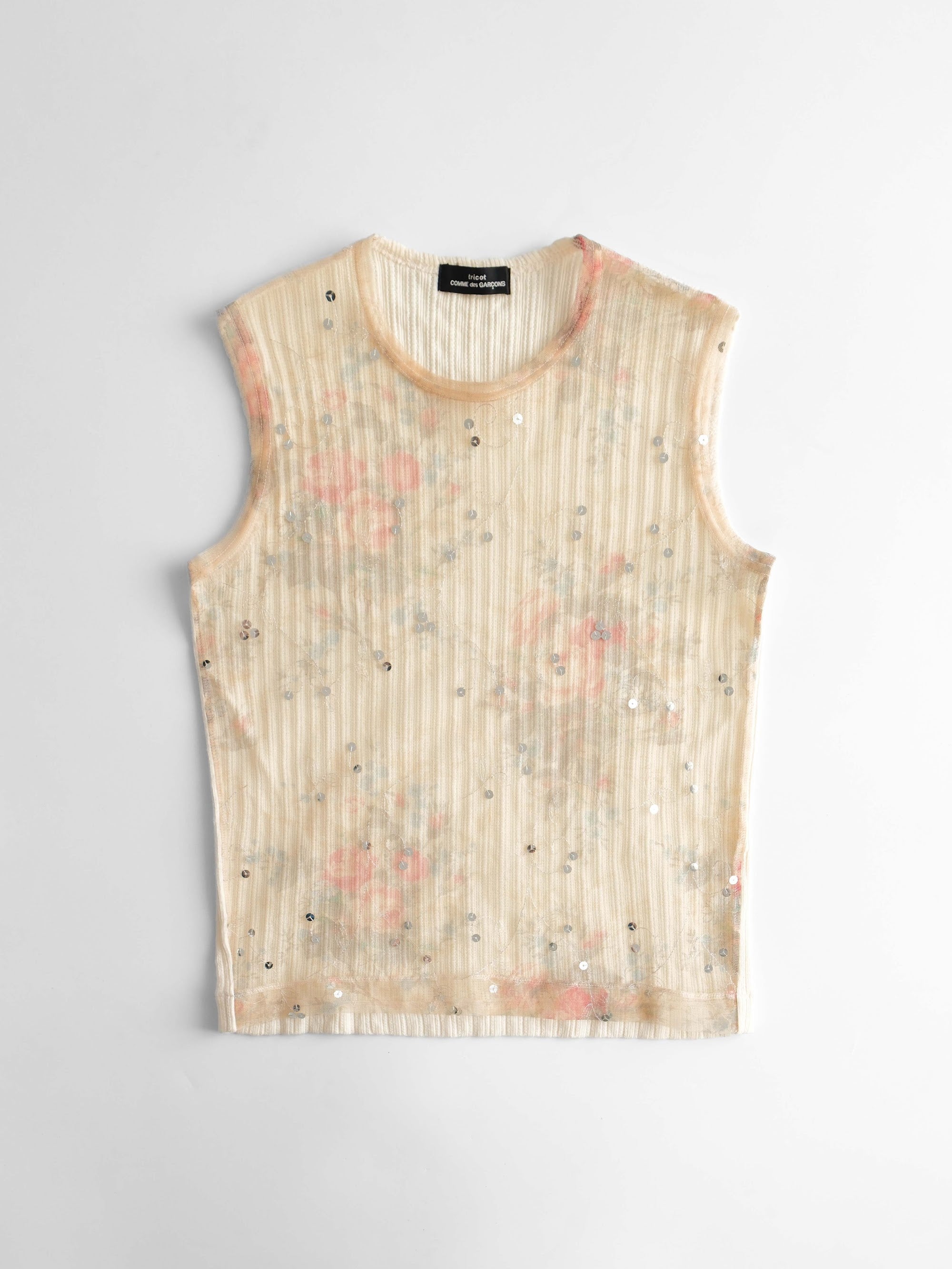 COMME DES GARÇONS TRICOT LACE BEIGE FLORAL DOUBLE LAYERED  TANK TOP