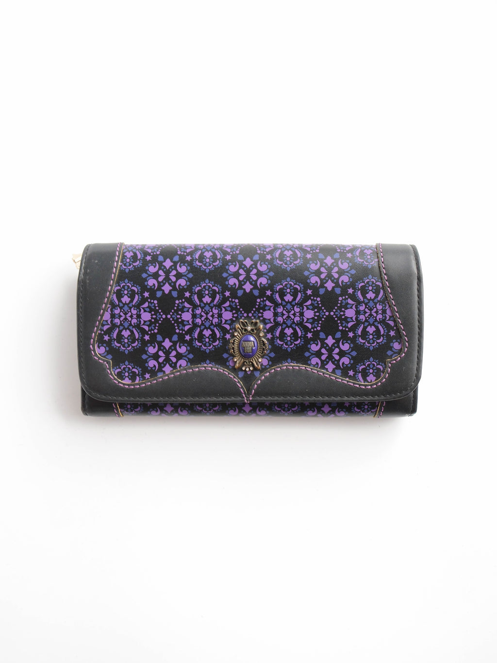 VINTAGE BLACK "ANNA SUI" SLG PURPLE PATTERN LEATHER LONG WALLET