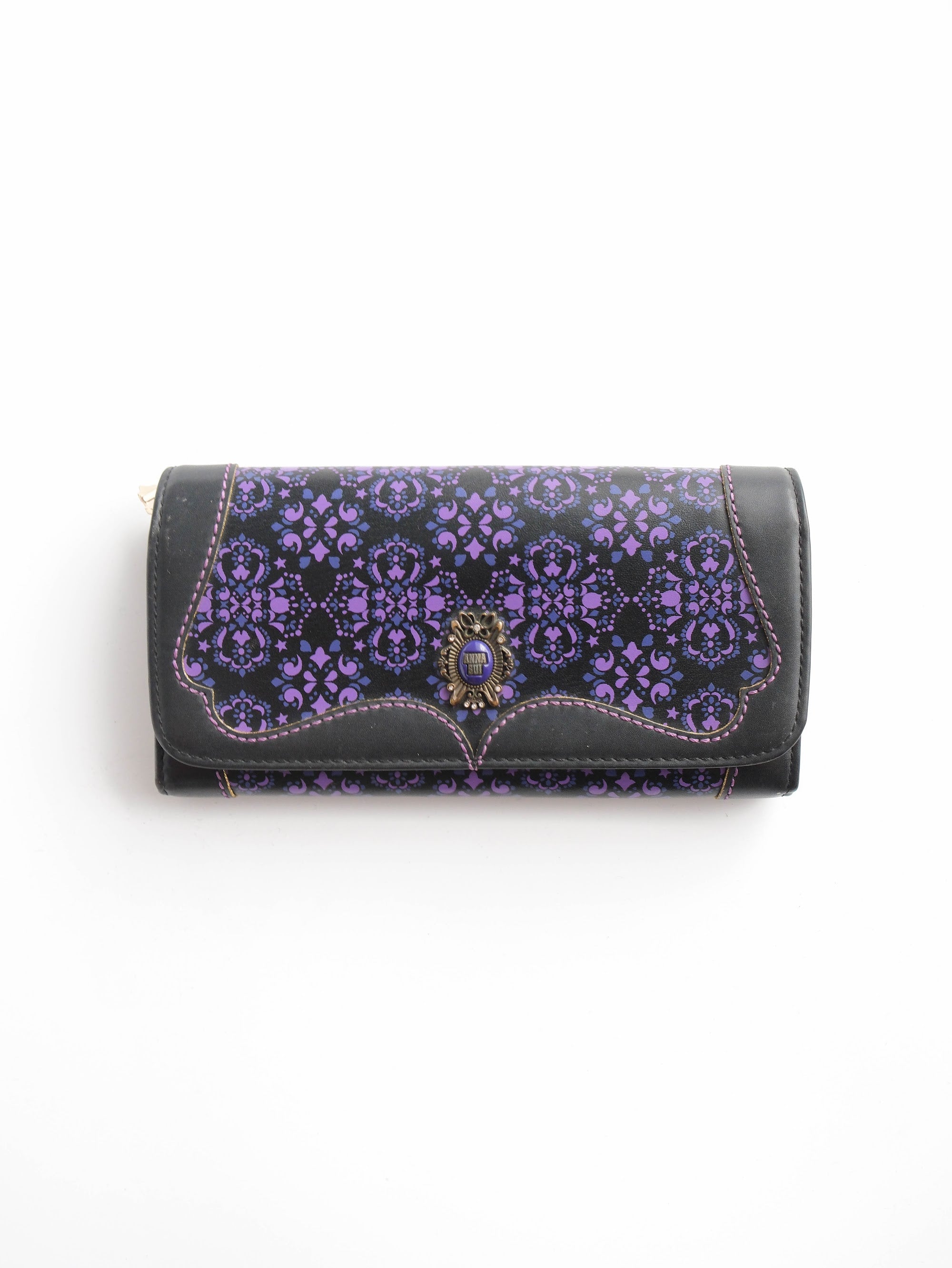 VINTAGE BLACK "ANNA SUI" SLG PURPLE PATTERN LEATHER LONG WALLET