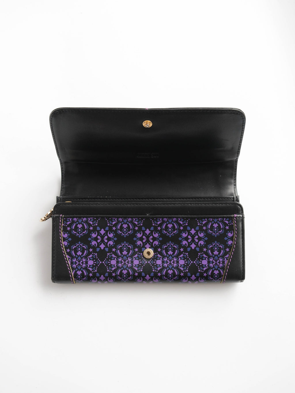 VINTAGE BLACK "ANNA SUI" SLG PURPLE PATTERN LEATHER LONG WALLET