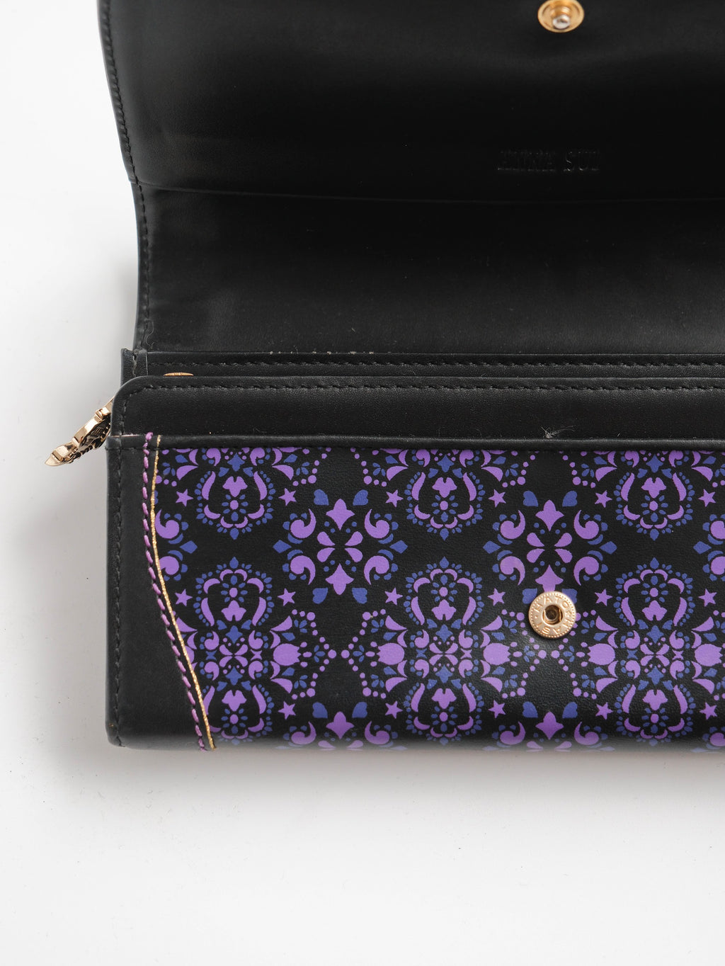 VINTAGE BLACK "ANNA SUI" SLG PURPLE PATTERN LEATHER LONG WALLET