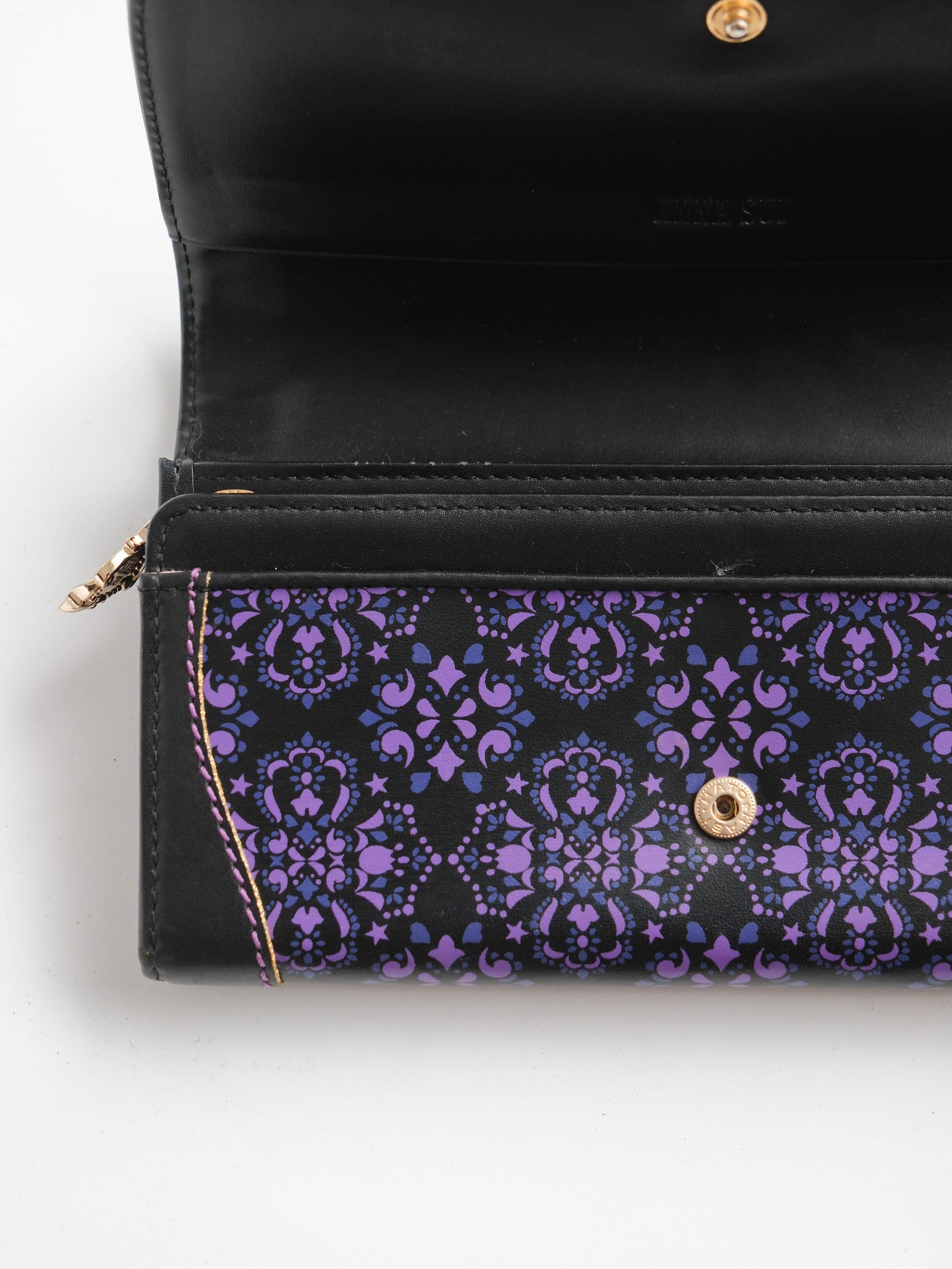 VINTAGE BLACK "ANNA SUI" SLG PURPLE PATTERN LEATHER LONG WALLET