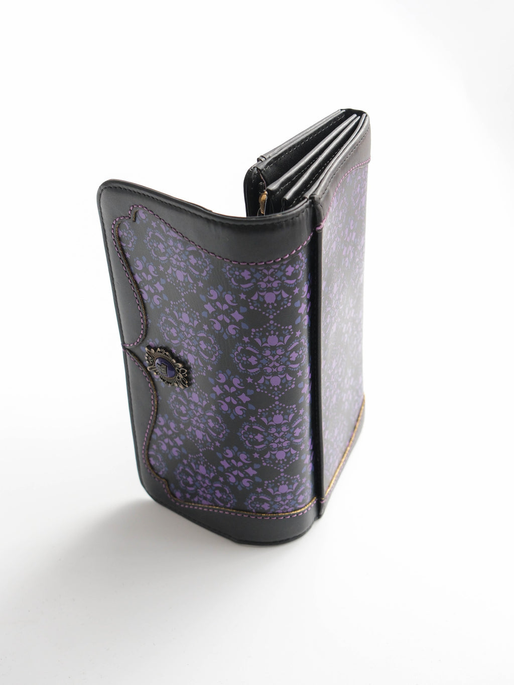 VINTAGE BLACK "ANNA SUI" SLG PURPLE PATTERN LEATHER LONG WALLET