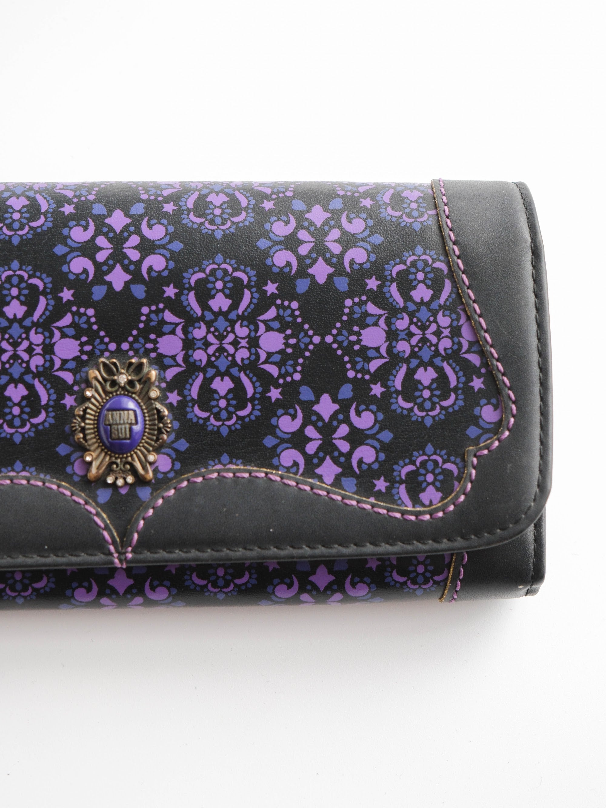 VINTAGE BLACK "ANNA SUI" SLG PURPLE PATTERN LEATHER LONG WALLET
